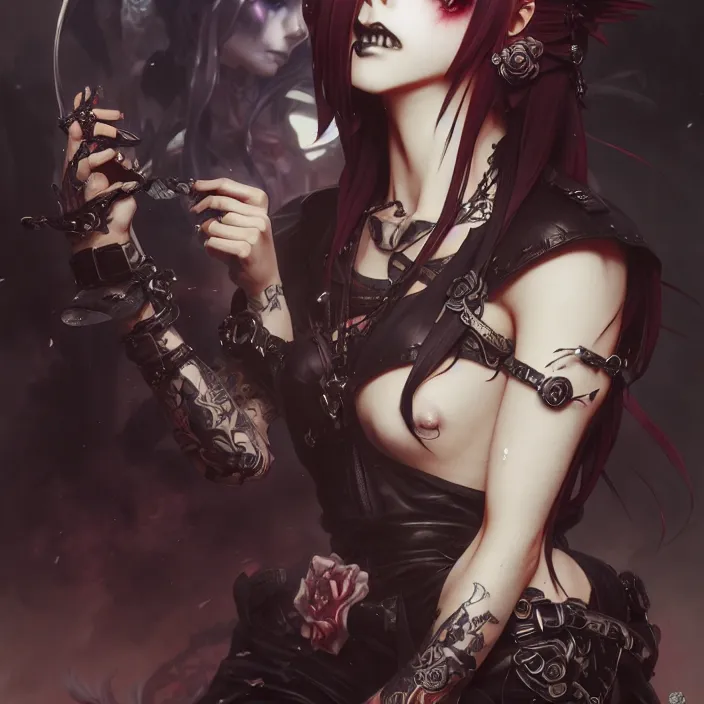 Image similar to anime female, fangs, goth, tattoos, leather, fantasy, intricate details, eerie, highly detailed, octane render, 8 k, art by artgerm and alphonse mucha and greg rutkowski