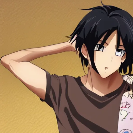 Image similar to A man with tan skin, brown eyes, and hip-length, shiny, black hair, anime, manga