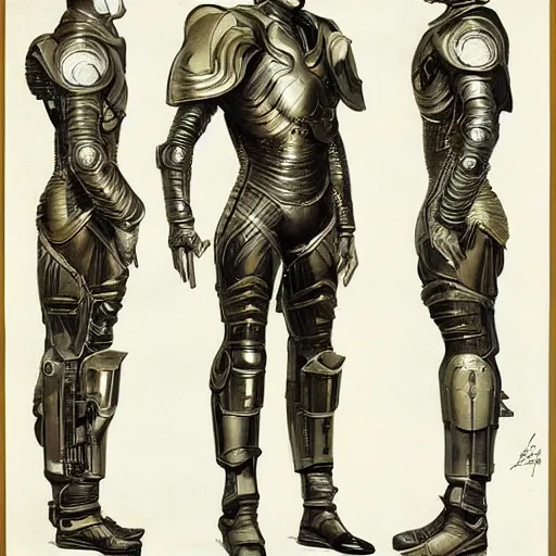 Prompt: futurist armor for soldiers by leyendecker, intricate, extreme details, design sheet