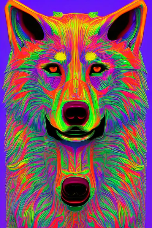 Prompt: Portrait of a wolf head. Psychedelic, acid trip, Geometrical, symmetrical, brutalist, cement, psychedelic colors, trending on artstation