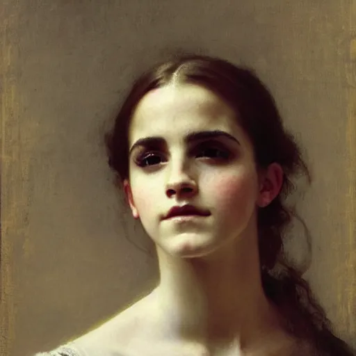 Prompt: Portrait of Emma Watson, by William Adolphe Bouguereau, John Singer Sargent, Vermeer, serene