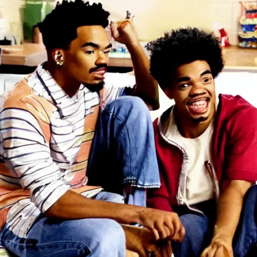 Image similar to a tv still of Chance The Rapper starring as a college student in a 1993 black sitcom