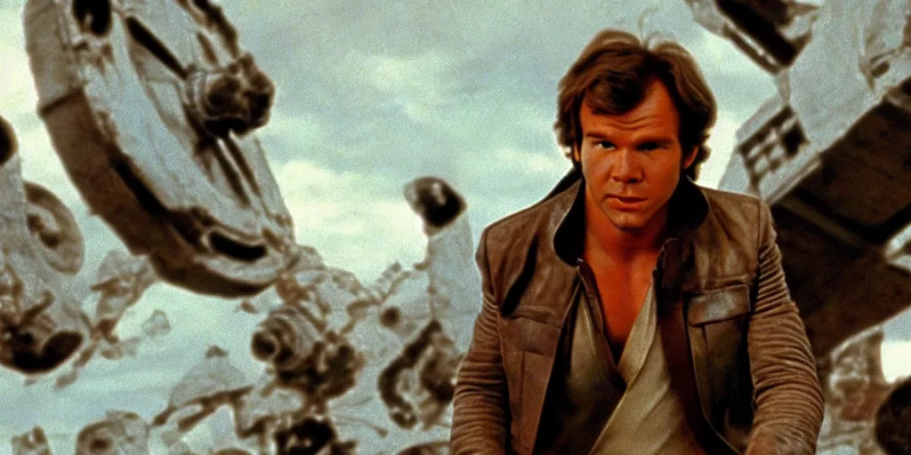 Prompt: screenshot portrait of Han Solo, on a planet of Wookies, chaos, scene from 1970s film by Stanley Kubrick, iconic, retro design, stunning cinematography, hyper-detailed, sharp, anamorphic lenses, kodak color, 4k, stunning