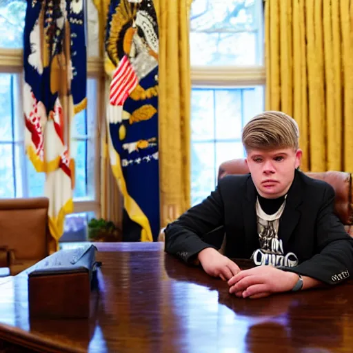 Image similar to professional photograph of yung lean sitting in the oval office desk speaking to a news reporter at night time, 8 k, very detailed, very intricate,