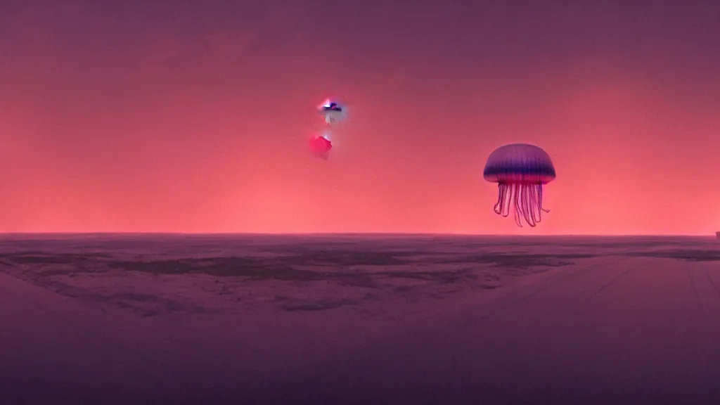 Image similar to Jellyfish floating in the sky at night above Route 66, film still from the movie directed by Denis Villeneuve with art direction by Zdzisław Beksiński, wide lens