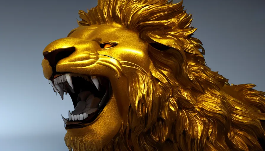 Image similar to Gold shiny lion roaring, volumetric light, hyperdetailed, artstation, cgsociety, 8k