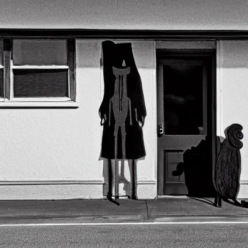 Image similar to the Babadook standing across the street, photograph, black and white