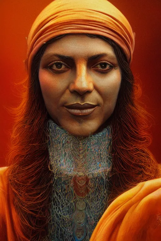 Image similar to Bhagwan Shree Rajneesh, photo, portrait, 3d, high details, intricate details, by vincent di fate, artgerm julie bell beeple, 90s, Smooth gradients, octane render, 8k, volumetric lightning, High contrast, depth of field, very coherent symmetrical artwork