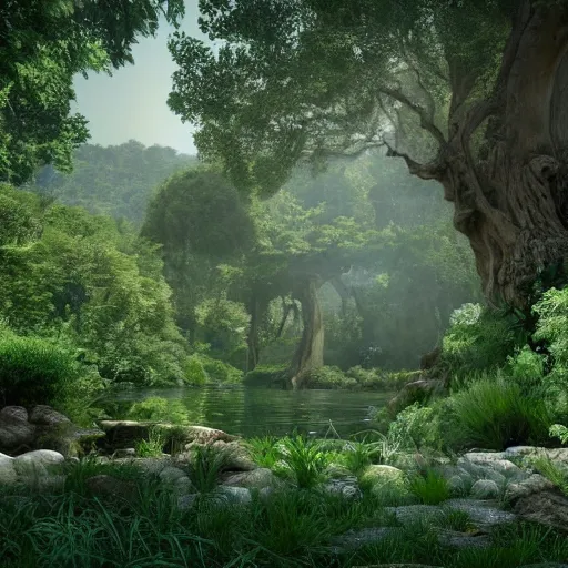 Image similar to a realistic photograph of the garden of eden with the tree of life in the center, hyperrealistic, cinema 4 d, cinematic, rendering unreal engine 5