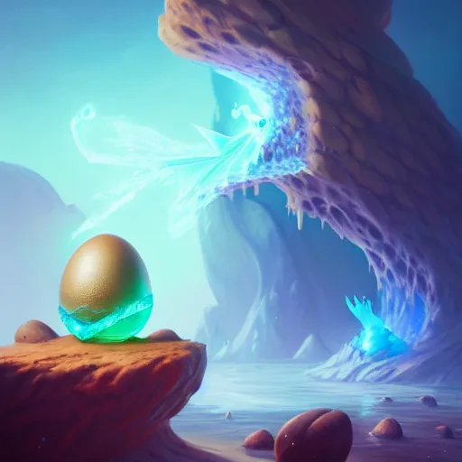 Image similar to magic frozen ice phoenix egg, deadly potion flowing from the top, rock and sand around, peter mohrbacher style, ray tracing, cinematic, digital art, realistic, octane render