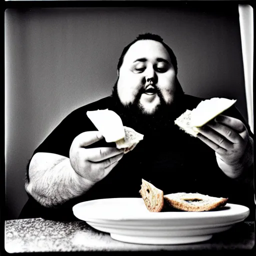 Prompt: a black and white film photograph snapshot of a fat man biting a sandwich. no hands. no fingers. holga, lomo, lomography, retro, toy camera, film, tri - x, plus - x, vintage