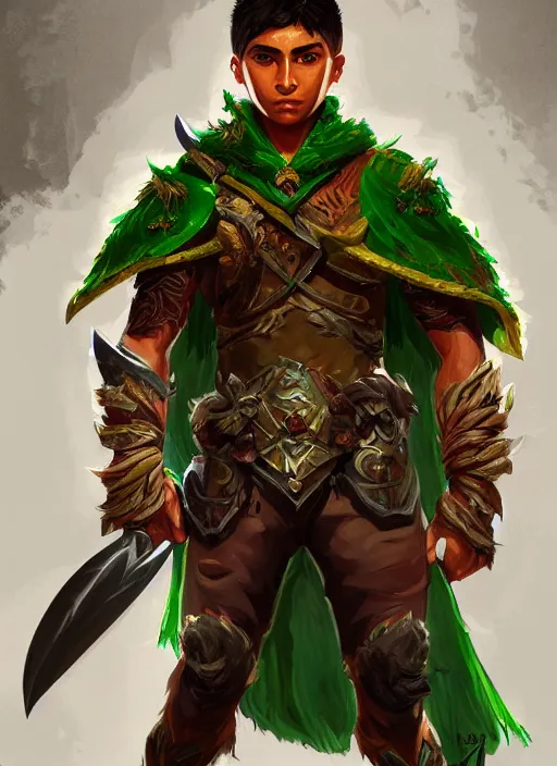 Image similar to a highly detailed illustration of fierce attractive young tanned short haired tribal latino boy wearing green wolf cape, heroic wielding sword pose, muscular, intricate, elegant, highly detailed, centered, digital painting, artstation, concept art, smooth, sharp focus, league of legends concept art, wlop