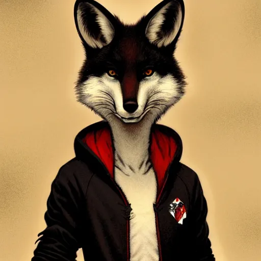 Prompt: anthropomorphic red white and black fox with exquisite tall ears and wearing a nose ring and a hoodie. Renowned character illustration by greg rutkowski, thomas kindkade, alphonse mucha, loish, norman rockwell.