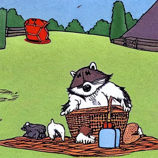 Prompt: angus picnicking with raccoons by gary larson