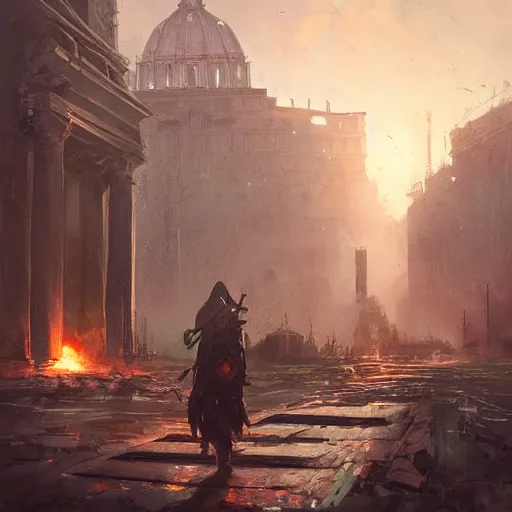 Image similar to rome in a post apocalyptic earth as seen by greg rutkowski, dark theme, enchanted, warm colors, high quality, waw, trending on artstation