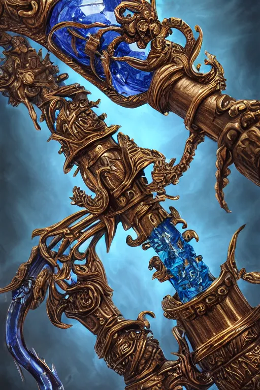 Image similar to an ornate and royal twisted ornate carved wooden wizards staff weapon with a radiant blue crystal held in a claw on top, hovering, hyper realism, realistic shading, cinematic composition, blender render, hdr, detailed textures, photorealistic, 3 5 mm film, fantasy greg rutkowski digital painting, giger