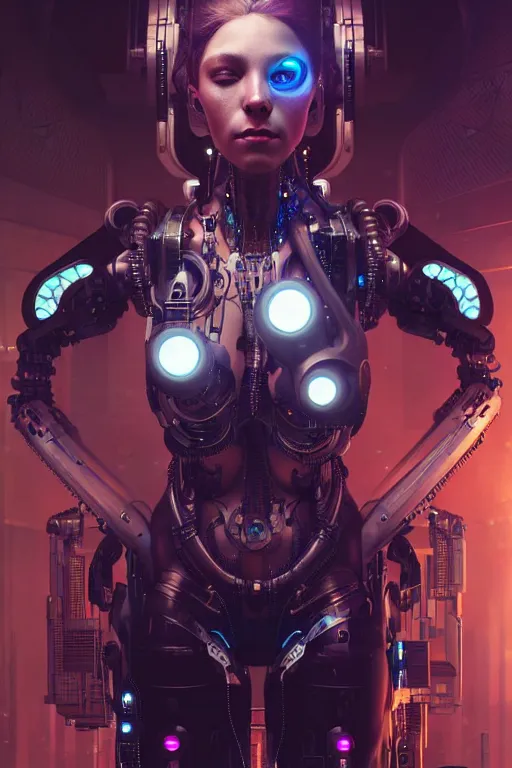 Prompt: ultra realistic, beautiful female cyborg in a crowded smoky cyberpunk club in space megalopolis, sci-fi, intricate details, eerie, highly detailed, octane render, 8k, art by artgerm and alphonse mucha and greg rutkowski