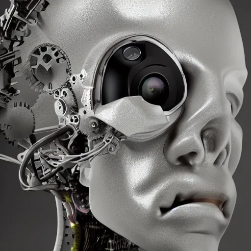 Image similar to very detailed portrait 55mm photo of a mechanical metallic head without skin, optic fiber nerves, gears in his head and cybernetic enhancements with no plating. Packed with cybernetics. Has cameras for eyes. In the forest with bokeh. Ray tracing and tessellation. Very sharp high detailed 8k image