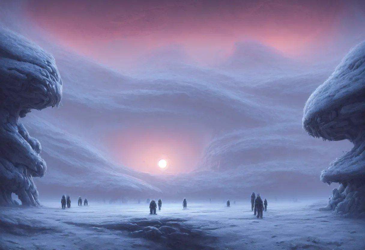 Prompt: ground level view of the surface of frozen winter alien planet at sunset, ultra high definition, ultra detailed, symmetry, fog, matte painting, by greg rutkowski and ross tran and wlop