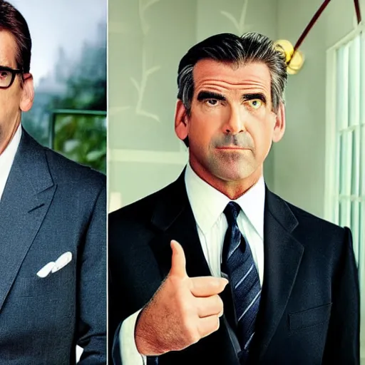 Prompt: steve carell and pierce brosnan as one person