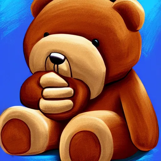 Image similar to young man burying his face on the belly of a giant teddy bear, cute, digital painting,