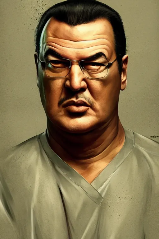 Image similar to portrait of sad steven seagal wearing prison jumpsuit, prison jumpsuit, digital painting, artstation, concept art, smooth, sharp focus, illustration, whimsical background by marc simonetti, artwork by liam wong, patriotic!