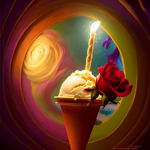 Image similar to epic professional digital art of icecream, rose atmospheric lighting, painted, intricate, detailed, cheerful, fun, exciting, by leesha hannigan, wayne haag, reyna rochin, ignacio fernandez rios, mark ryden, iris van herpen,, epic, stunning, gorgeous, much wow, cinematic, masterpiece.