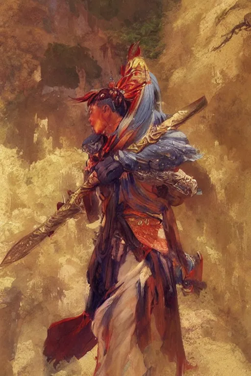 Image similar to wuxia, attractive beefy man, character design, colorful, painting by gaston bussiere, craig mullins, greg rutkowski, j. c. leyendecker