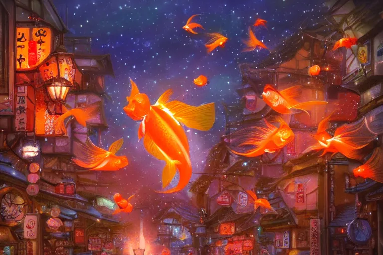 Prompt: fantasy art of glowing goldfish swimming in the air, in the streets of a japanese town at night, with people watching in wonder and pointing, by ralph horsley, highly detailed digital art, trending on artstation