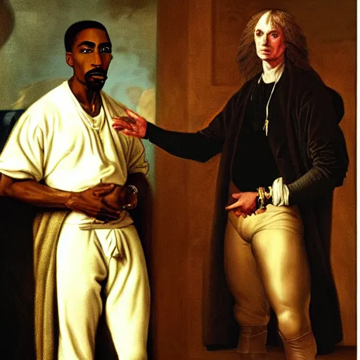 Prompt: a classical portrait of tupac shakur hanging out with sir isaac newton