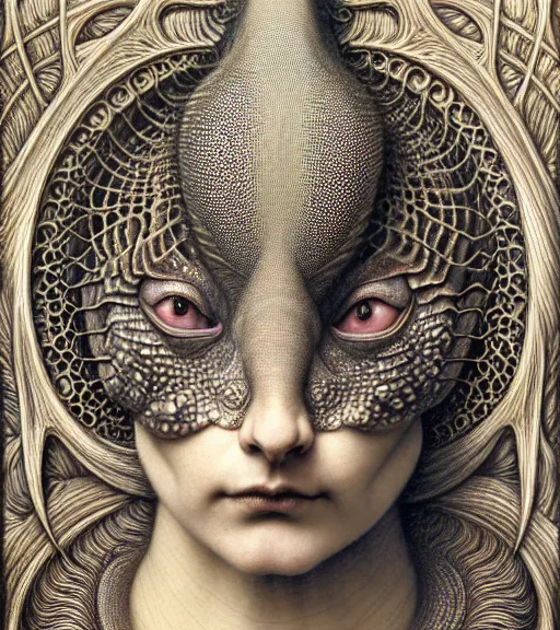 Image similar to detailed realistic beautiful chameleon goddess face portrait by jean delville, gustave dore, iris van herpen and marco mazzoni, art forms of nature by ernst haeckel, art nouveau, symbolist, visionary, gothic, neo - gothic, pre - raphaelite, fractal lace, intricate alien botanicals, biodiversity, surreality, hyperdetailed ultrasharp octane render