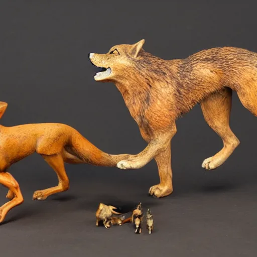 Image similar to 19th century automata depicting a wolf chasing a fox