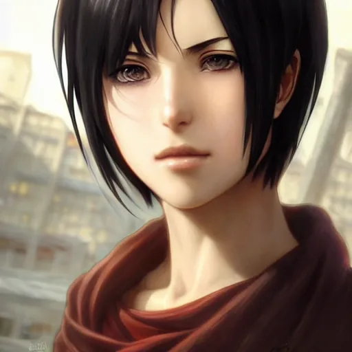 Image similar to mikasa ackerman, bokeh, beautiful face!!!!, 2 7 years old, cg animation, lifelike, animated, realistic, character select portrait, by artgerm, greg rutkowski, alphonse mucha, 3 d