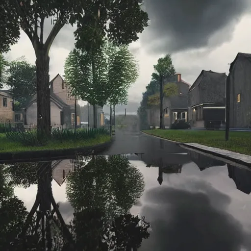 Image similar to still photo of rain puddles and reflections in a village, cloudy weather, highly detailed, photorealistic shot, bright studio setting, studio lighting, crisp quality and light reflections, unreal engine 5 quality render