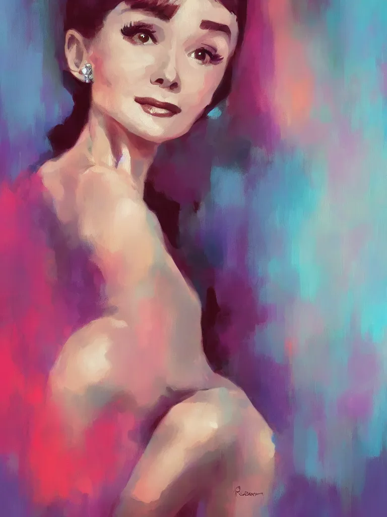 Image similar to a portrait of Audrey Hepburn, glamorous setting, vivid colors, soft lighting, atmospheric, cinematic, moody, in the style of Ross Tran, oil on canvas, 8k