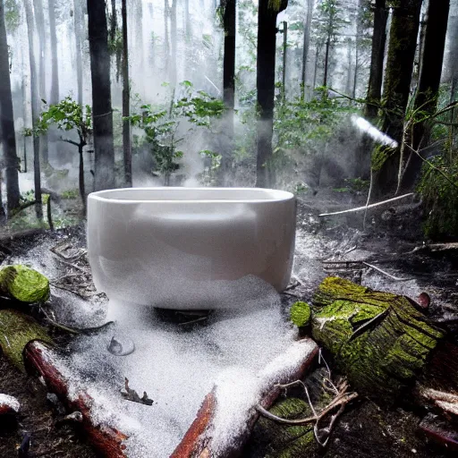 Prompt: pristine porcelain bath filled with bubbles in a clearcut rainforest, slash and burn, cleared forest, deforestation, bath overflowing with bubbles, tree stumps, smouldering charred timber