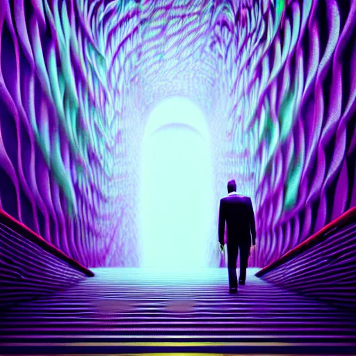 Image similar to photo - realistic, painting of a man walking alone in the boulevard of psychedelic dreams, trippy stairs in the background, hyper detail, sharp, in the style of beeple, mobeius, rule of thirds, unreal engine