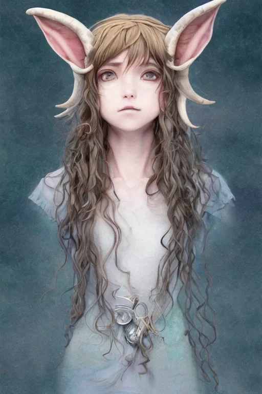 Prompt: a young elf, with goat horns and animal ears and curly brown hair, ultra detail, studio ghibli aesthetic, yoshitaka amano style, pastel colors,, hyperrealism, award winning artwork, realistic hair, artstation trend, high quality print, fine art with subtle redshift rendering,