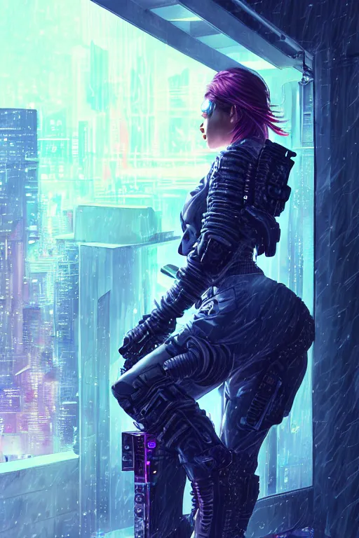 Image similar to portrait futuristic trustworthy cyberpunk young female gunner, in futuristic stormy heavy snowy tokyo rooftop cyberpunk night, ssci-fi, fantasy, intricate, very very beautiful, elegant, neon light, highly detailed, digital painting, concept art, human anatomy, soft light, hdri, smooth, sharp focus, illustration, art by tian zi and craig mullins and WLOP and alphonse mucha