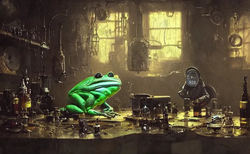 Image similar to highly detailed portrait of an evil cyberpunk frog making a poisonous drink in his alchemist laboratory, fantasy art by greg rutkowski