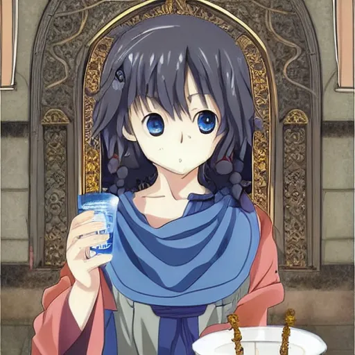 Image similar to an anime waifu in a greek attire pouring water out of a vase into a fountain, spanish ghibli alleyway, symmetrical face, symmetrical eyes, detailed and defined eyes,