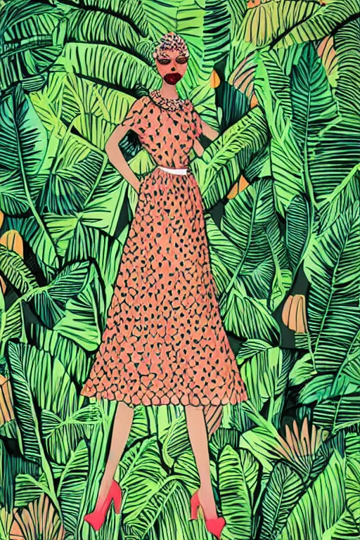 Image similar to melon colored dress, fashion illustration by eko nugroho, jungle background, finely detailed