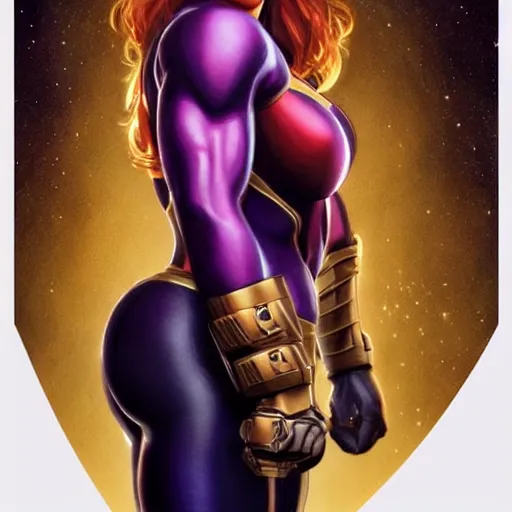 Image similar to scarlett johansson as thanos, feminine beautiful muscular fitness model wearing armor, red lips, strong jaw, pin up, attractive, highly detailed full body portrait, pretty face, elegant, breathtaking art, concept art, by artgerm and ilya kuvshinov