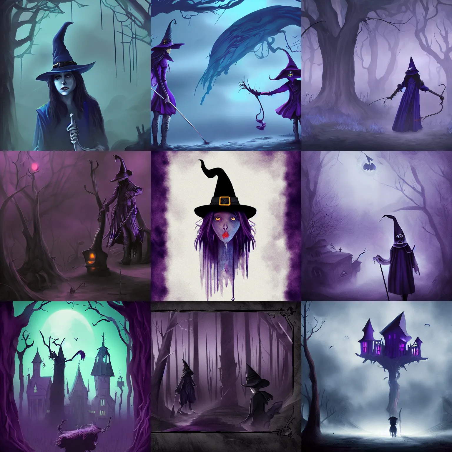 Prompt: witch hunt, digital artwork, dark purple blue colors, sinister atmosphere, trending on artstation