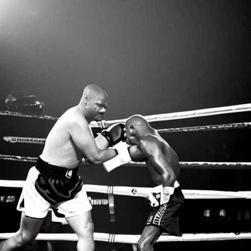 Prompt: a photo of a kangaroo with boxing gloves fighting Mike Tyson in the ring, surrounded by camera flashes and spotlights, dramatic lighting closeup, grimacing faces