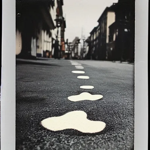 Image similar to wide-shot, low-angle eyesight, first-person!! chain of cat paw prints on fresh cement at the street, polaroid photo, by Andy Warhol