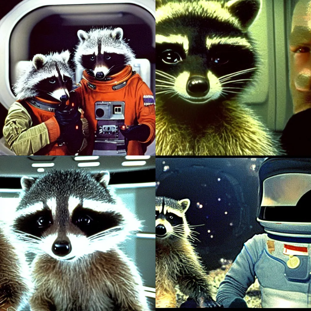 Prompt: A raccoon David Bowman and Frank Poole in space in the movie 2001 A Space Odyssey