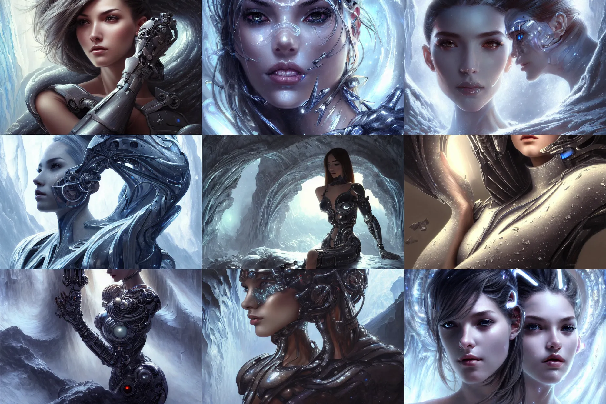 Prompt: ultra realistic beautiful alluring cyborg techno art, gorgeous face and figure, dramatic pose, in an icy cavern, sci - fi, fantasy, intricate, elegant, highly detailed, digital painting, artstation, concept art, smooth, sharp focus, illustration, art by artgerm and greg rutkowski and alphonse mucha and xiaoguang sun