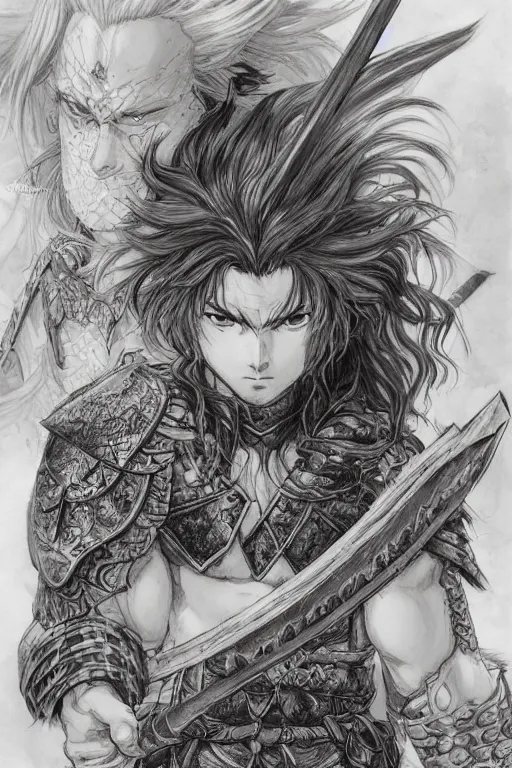 Prompt: A realistic anime portrait of a young handsome male barbarian with long wild hair, intricate fantasy spear, plated armor, D&D, dungeons and dragons, tabletop role playing game, rpg, jrpg, digital painting, by Ayami Kojima and Yusuke Murata and Kentaro Miura, concept art, highly detailed, promotional art, HD, digtial painting, trending on ArtStation, golden ratio, rule of thirds, SFW version