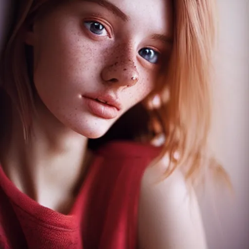 Image similar to portrait of a cute thin young woman, red blush, light freckles, soft smile, casual clothes, relaxing on the couch, home interior, golden hour, close up shot, 8 k, art by irakli nadar, hyperrealism, hyperdetailed, ultra realistic